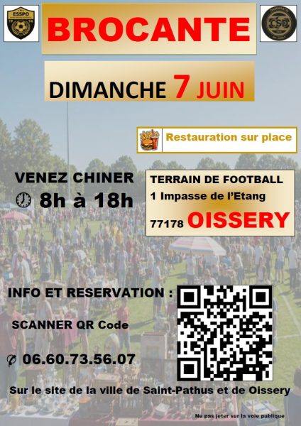 Affiche de la brocante du dimanche 7 juin de l'esspo football Saint-Pathus-Oissery
