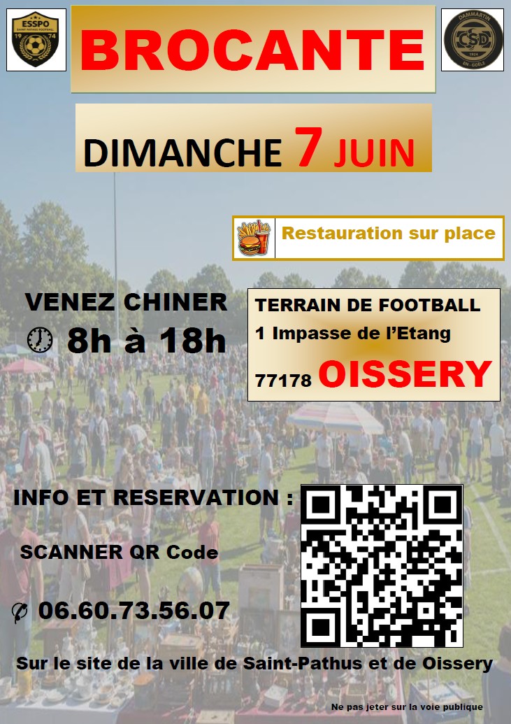 Affiche de la brocante du dimanche 7 juin de l'esspo football Saint-Pathus-Oissery